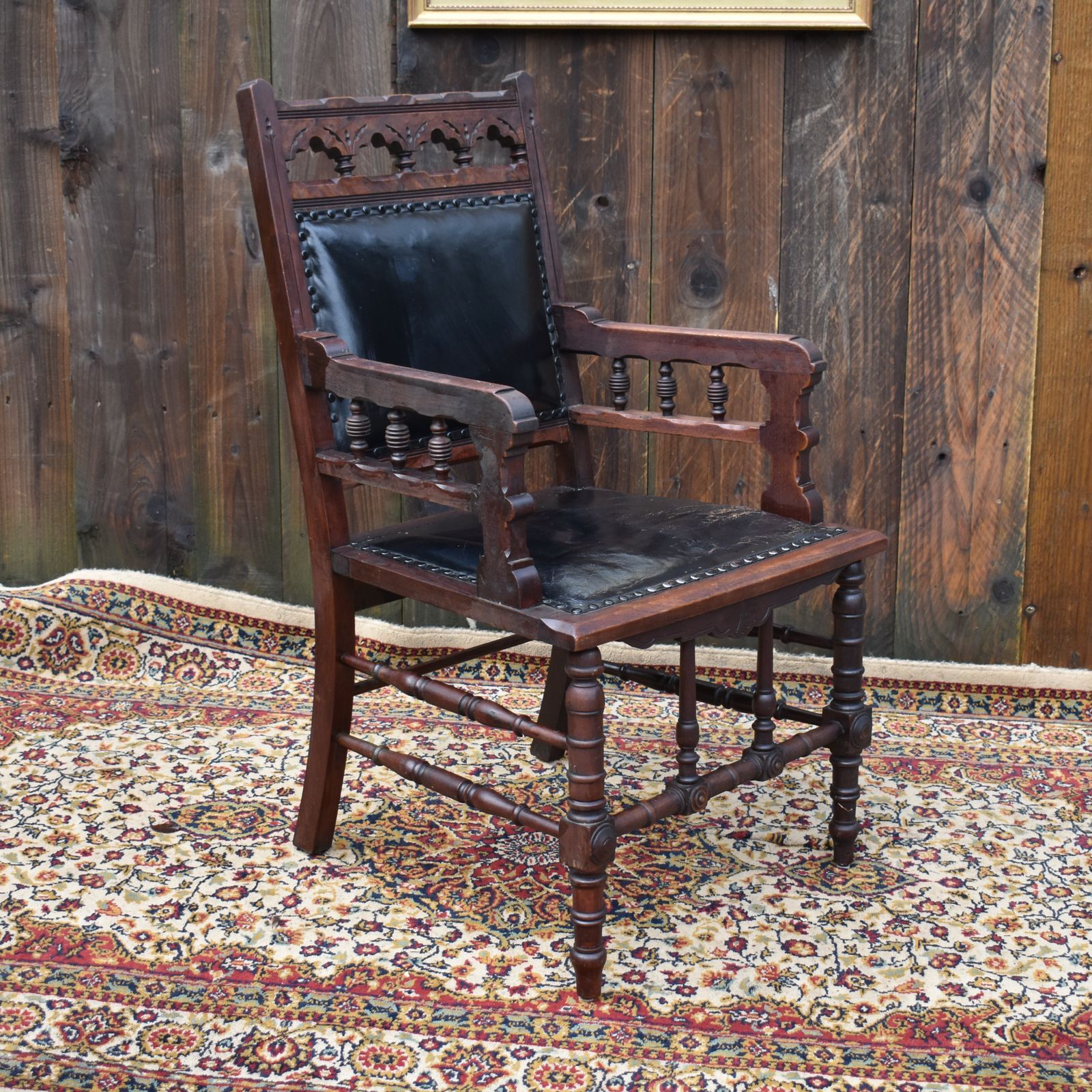 Antique 19th Century Gothic Revivel Leather Carved Oak Library Reading Armchair photo vintage