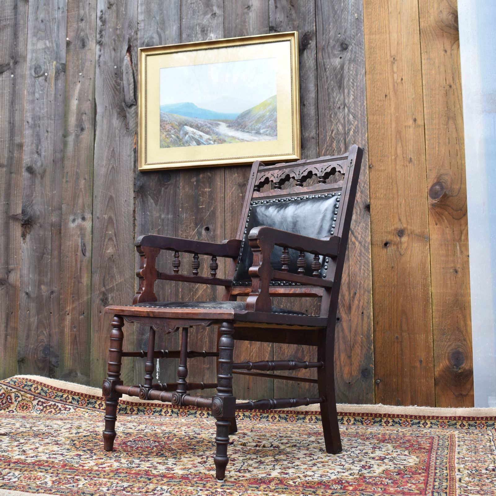 photo furniture Antique 19th Century Gothic Revivel Leather Carved Oak Library Reading Armchair