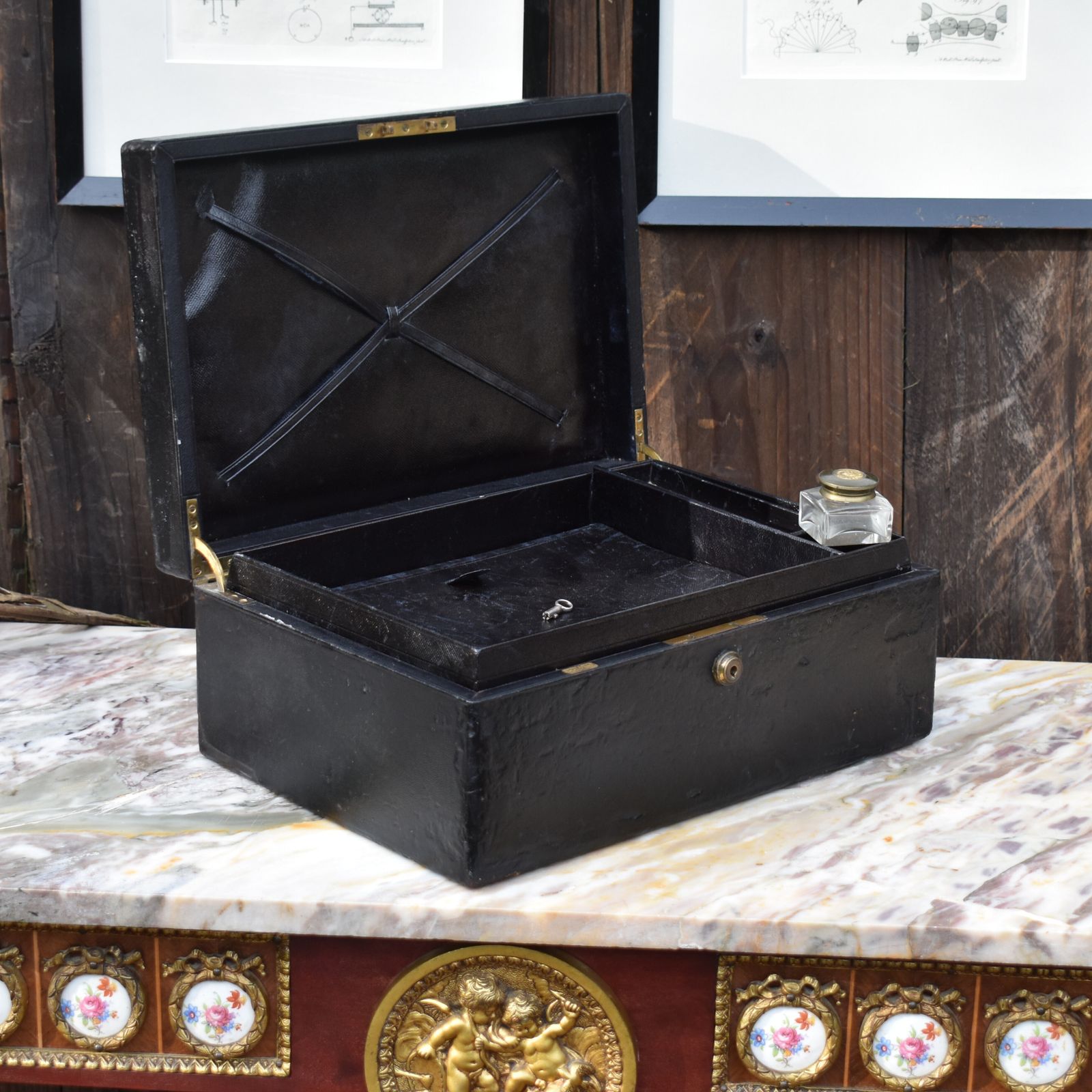 Antique Parkins & Gotto Correspondent Leather Writing Box With Bramah Lock & Key photo buy