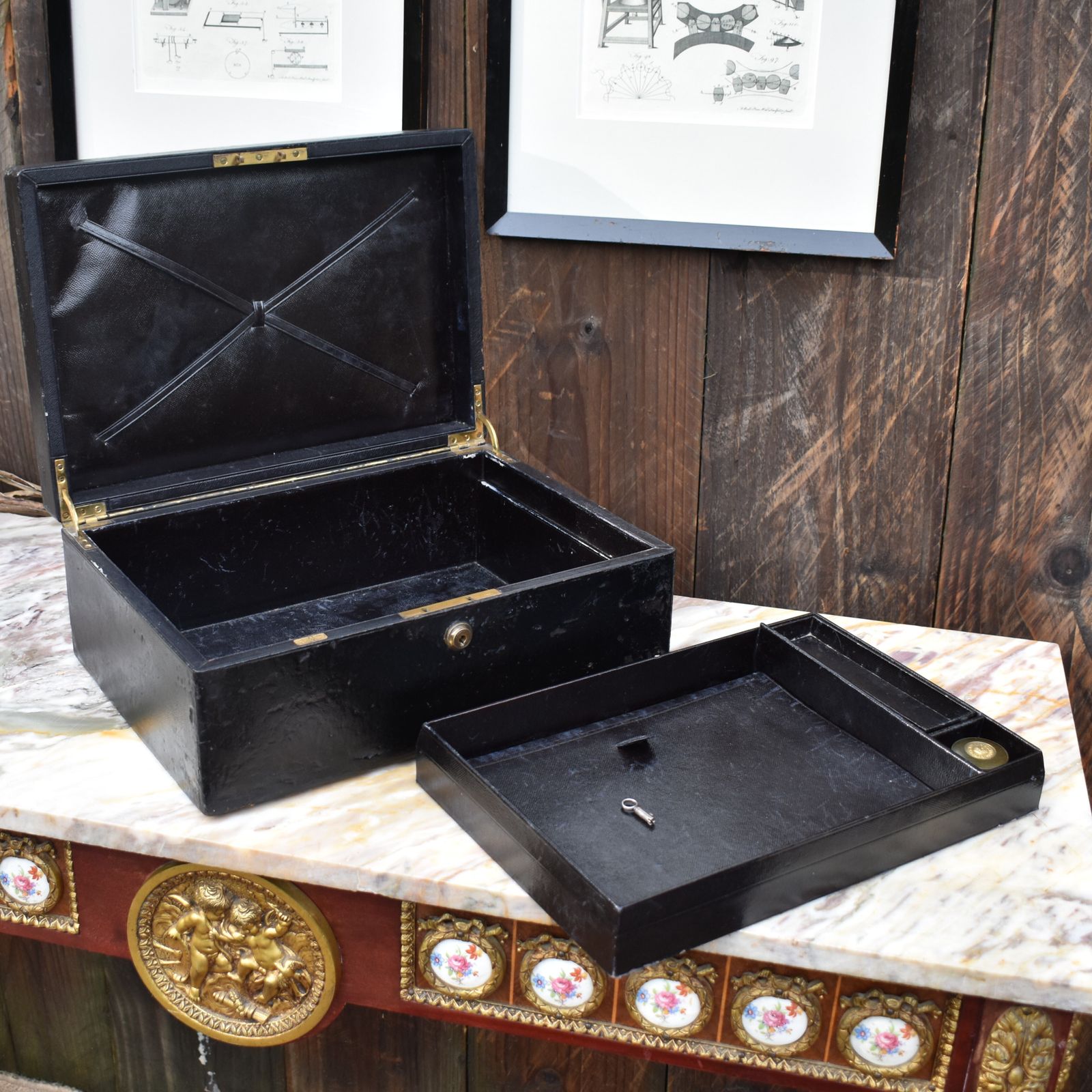 photo for sale Antique Parkins & Gotto Correspondent Leather Writing Box With Bramah Lock & Key