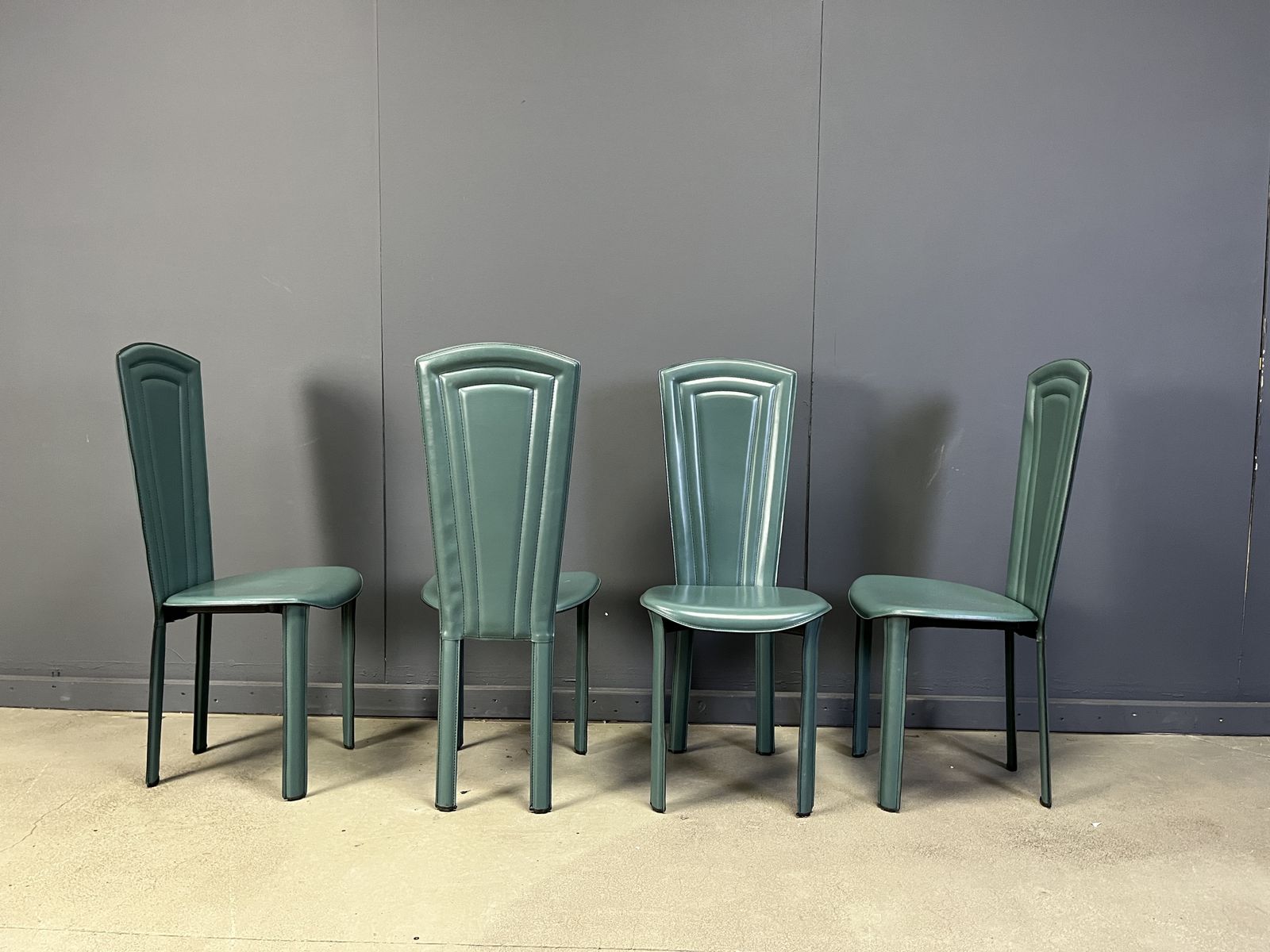 Vintage Green Leather Dining Chairs, 1980s   Set Of 4