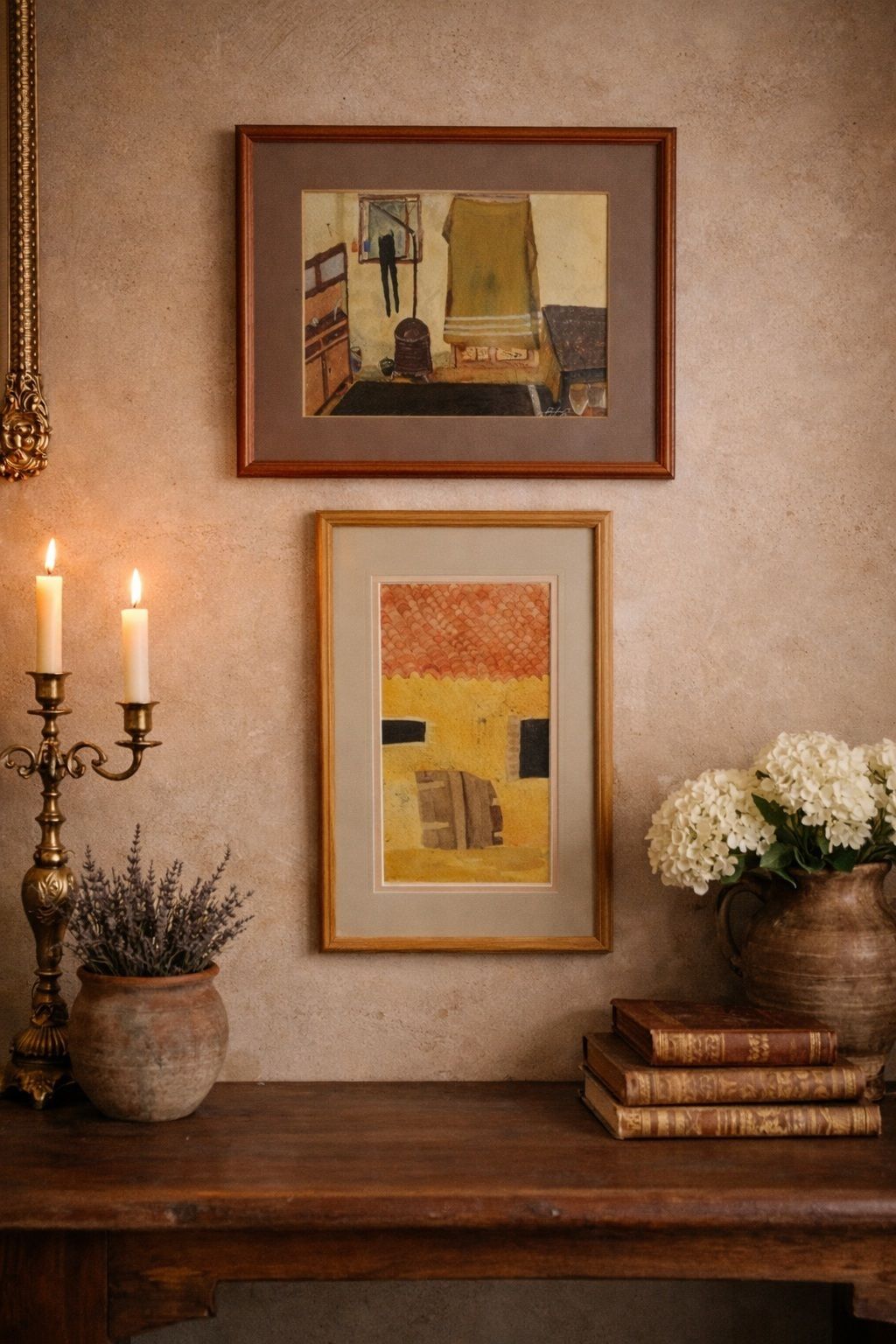 Pair Of Vintage Spanish Finca Interior & Exterior Paintings Gouache Watercolour photo furniture