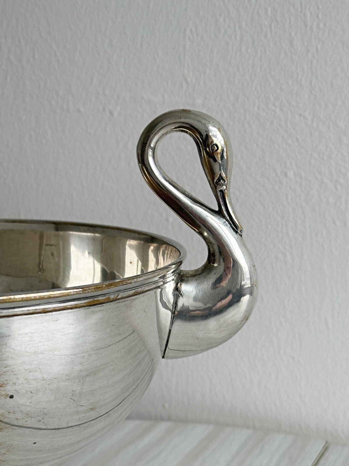 Silver Plated Metal Bowl With Swan Handles, Elegant Centerpiece For Fruit Or Ice Cream, Unique And Decorative Piece, Chic And Refined Home photo furniture