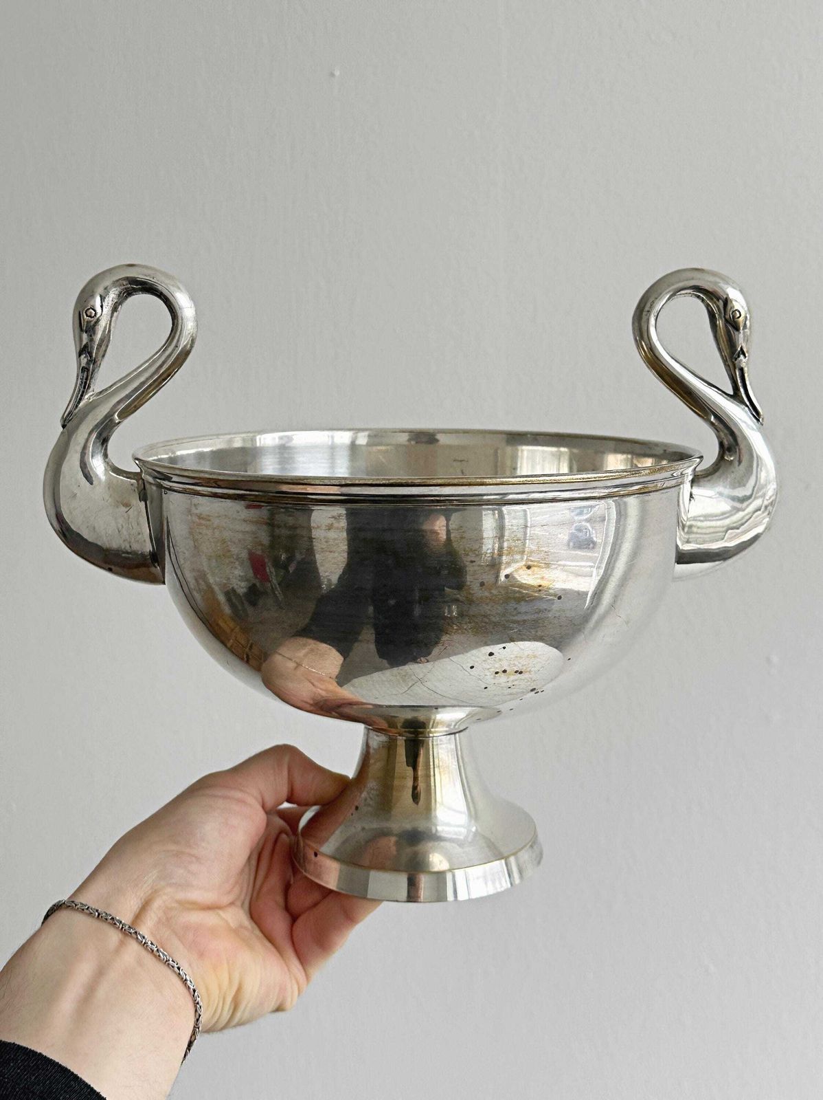 Silver Plated Metal Bowl With Swan Handles, Elegant Centerpiece For Fruit Or Ice Cream, Unique And Decorative Piece, Chic And Refined Home photo 358.0