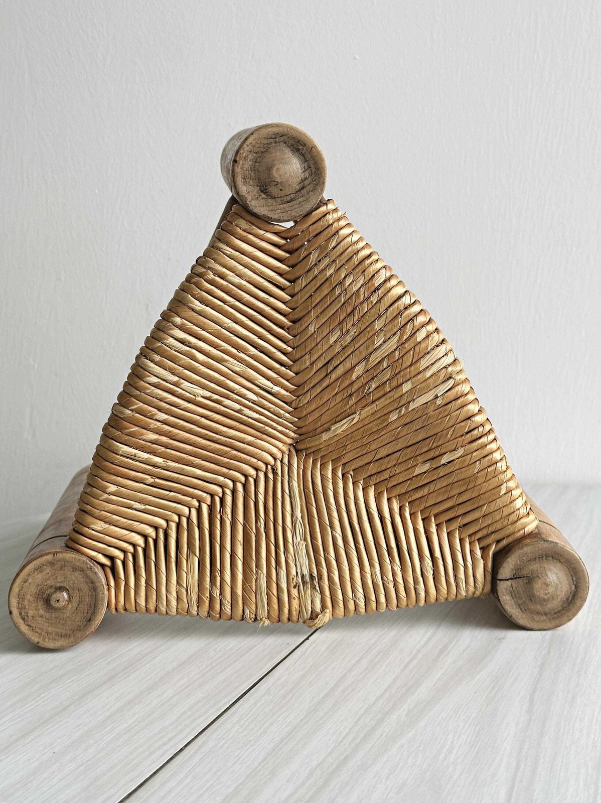 Antique Tripod Stool In Light Wood With A Woven Straw Seat, Rustic And Minimalist Piece Of Furniture, Cozy And Authentic Interior, Gift photo 236.0