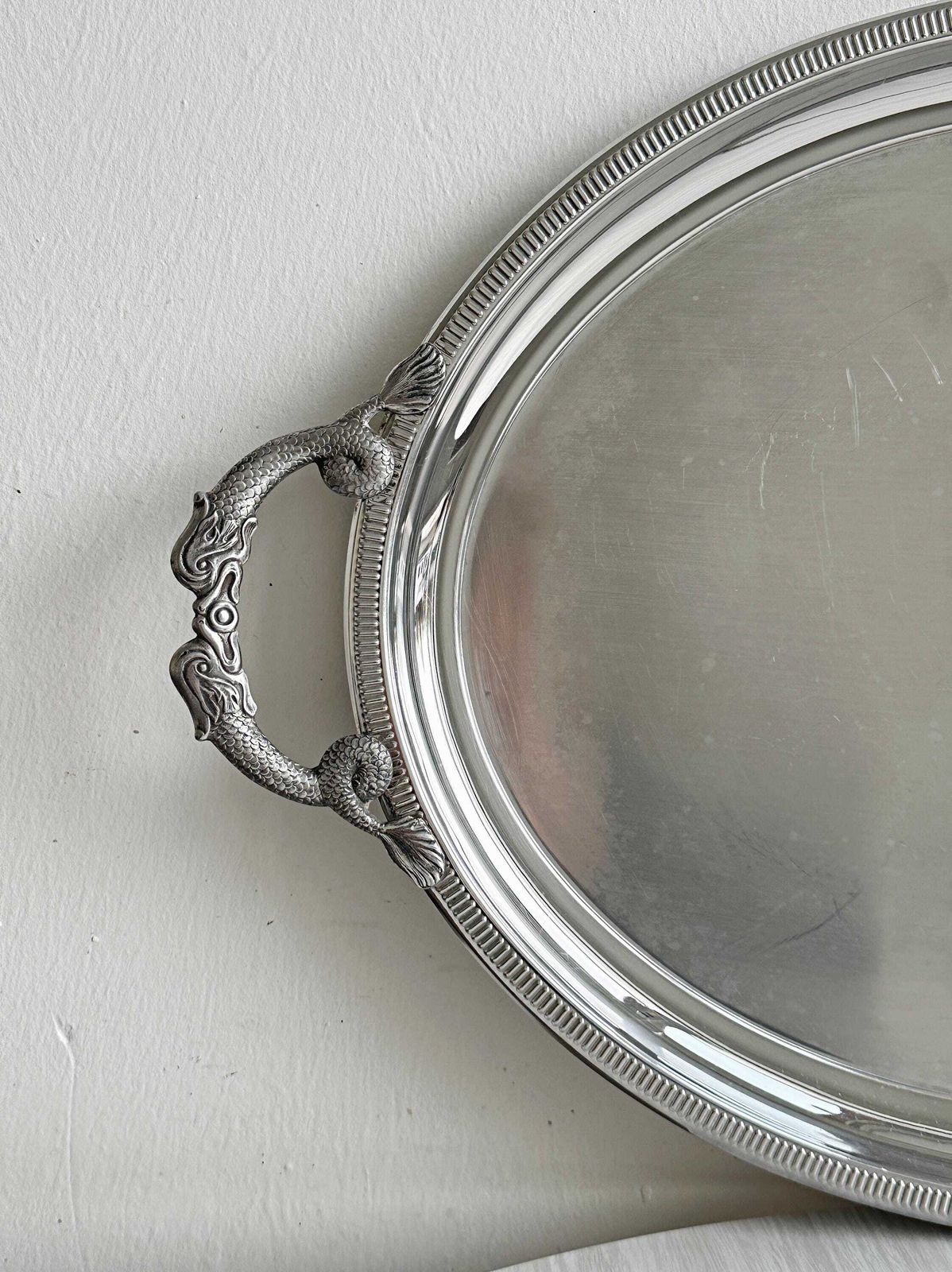Large Stainless Steel Serving Tray With Fish Shaped Handles, Elegant Marine Inspired Serving Tray, Shiny Metal, Refined Gift. photo furniture