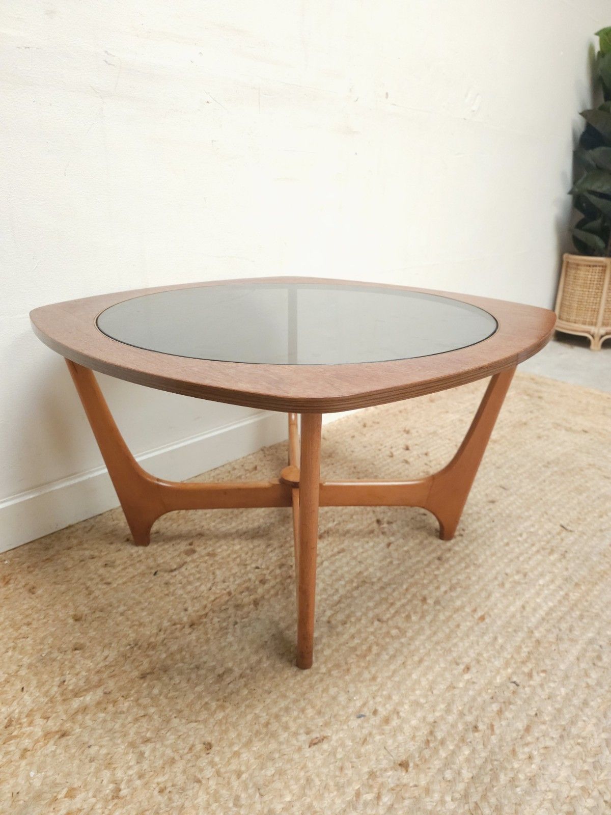 Mid Century Coffee Table Retro Smoked Glass Top Glazed Round Teak Delivery photo for sale