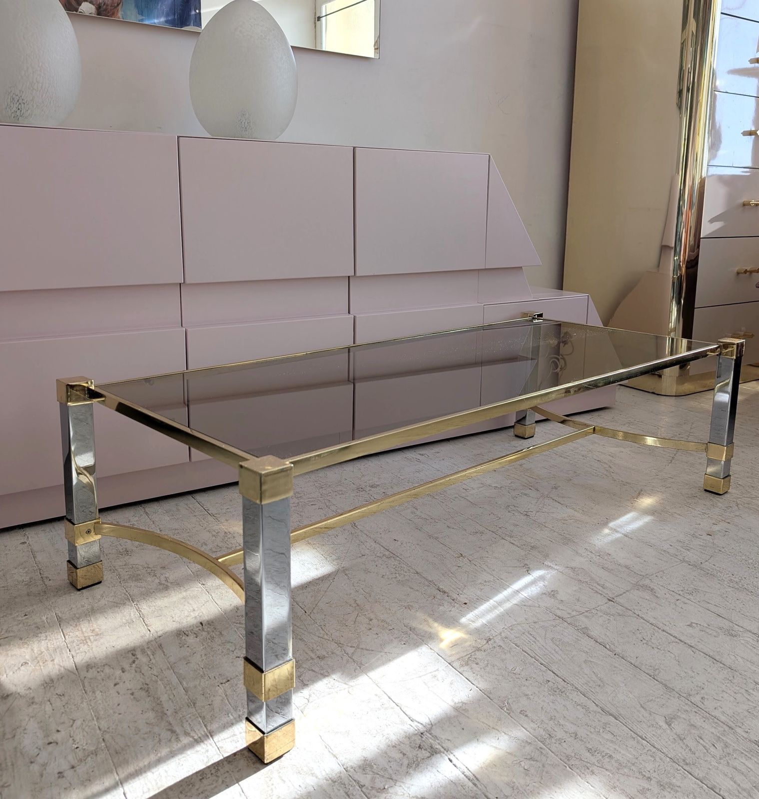 Large Vintage Mid Century 1970s Chrome & Gold Coffee Table