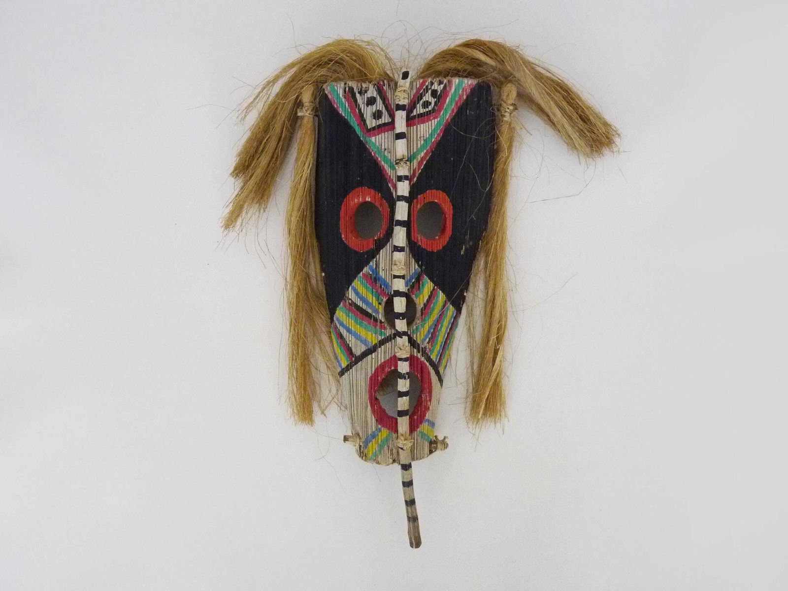 Vintage Brazilian Folk Art Wooden And Raffia Wall Mask