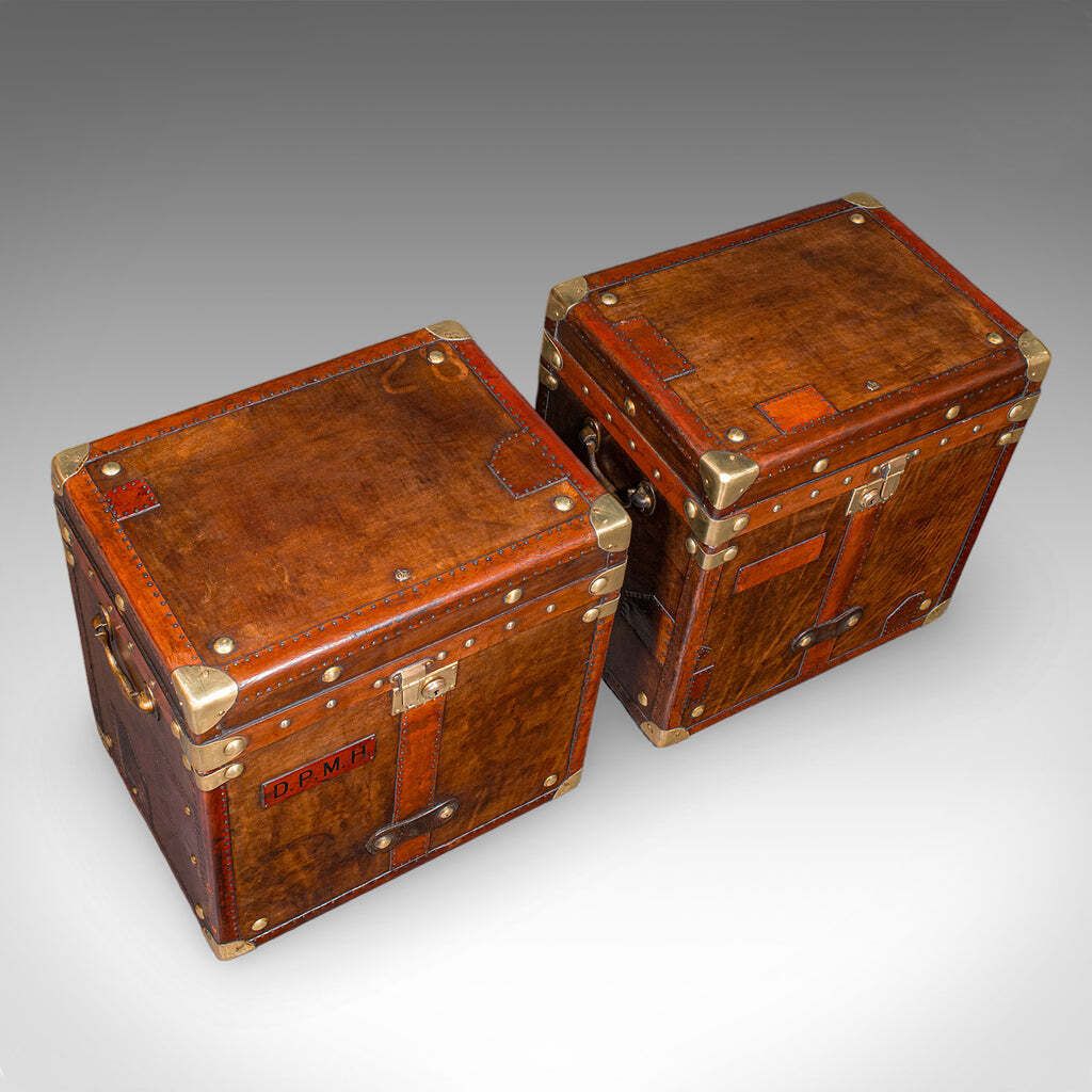 2 Late Vintage Campaign Luggage Cases, English, Leather, Nightstand, Bedside photo vintage