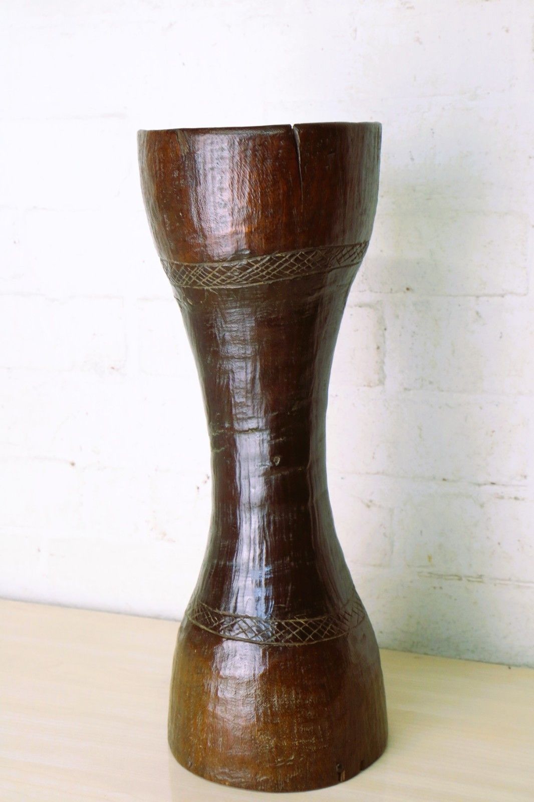 African Carved Tall Wooden Vase With Copper Insert 19th C. Ancient Drum Conversion South Africa photo for sale