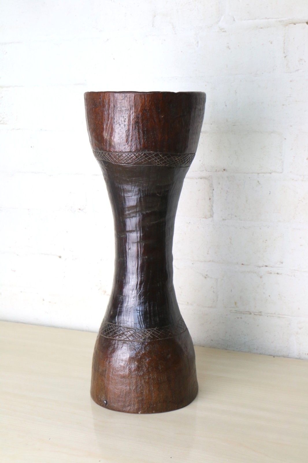 Antique African Carved Tall Wooden Vase With Antique Copper Insert photo 84.0