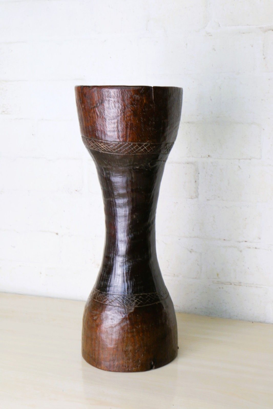 African Carved Tall Wooden Vase With Copper Insert 19th C. Ancient Drum Conversion South Africa photo vinterior
