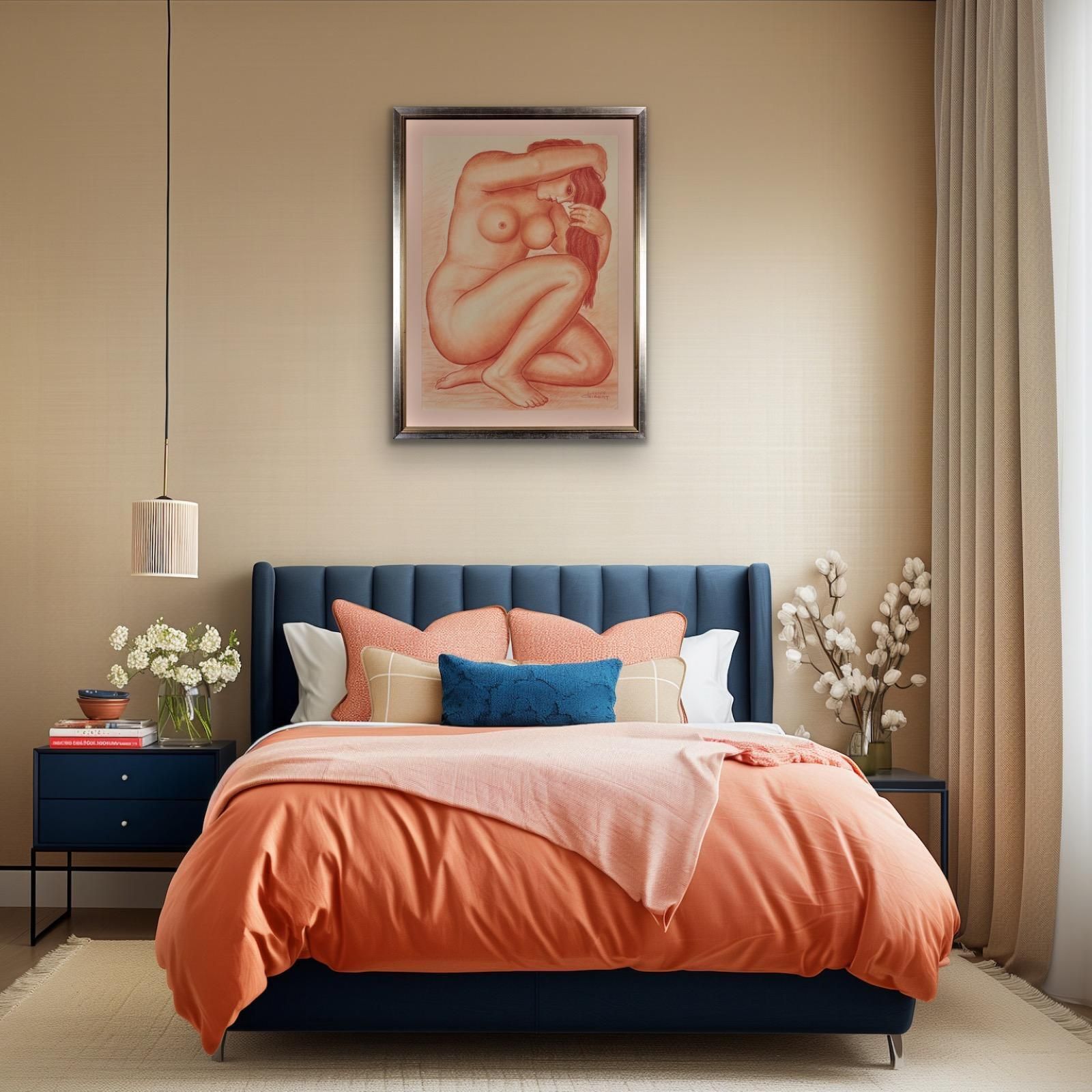 photo furniture Lucien Gibert 1904 To 1988. Ses Flamboyantes Mèches De Cheveux Auburn (Her Flaming Locks Of Auburn Hair). Framed French Art Deco 1930s Drawing.