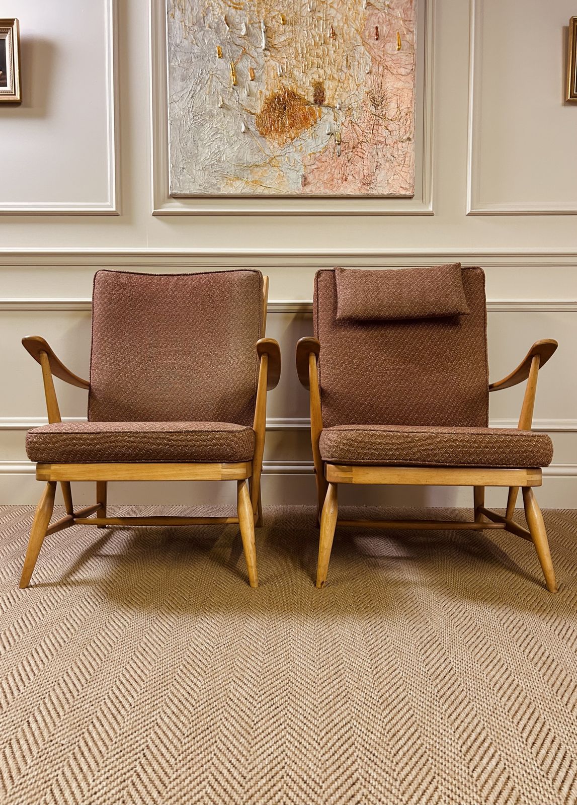 Pair Of Mid Century Ercol 403 Easy Armchairs Original Upholstery Very Rare photo for sale