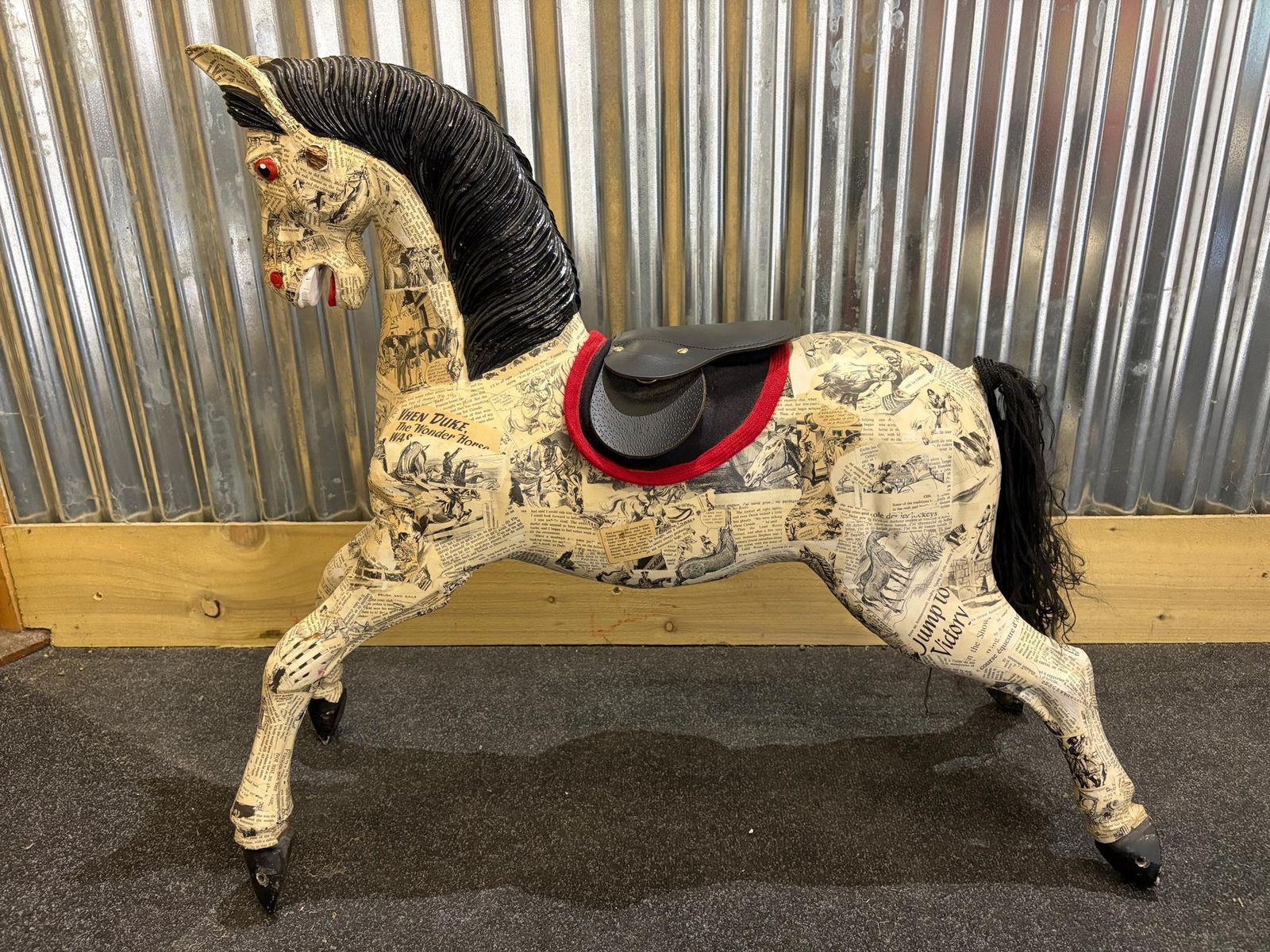 Decoupage Papier Mâché Horse Figure – Vintage Comic Print Finish – Statement Decorative Sculpture