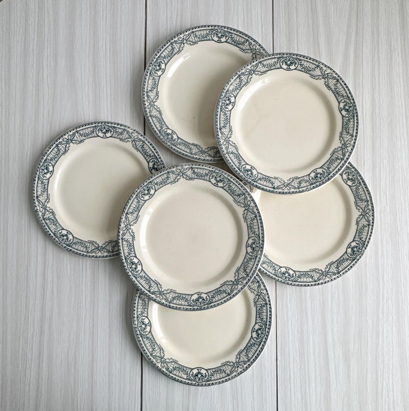 Set Of 6 Antique Ironstone Plates, Blue Decoration, Vintage French Service, Elegant Tableware, Antique Pieces, Gift Idea
