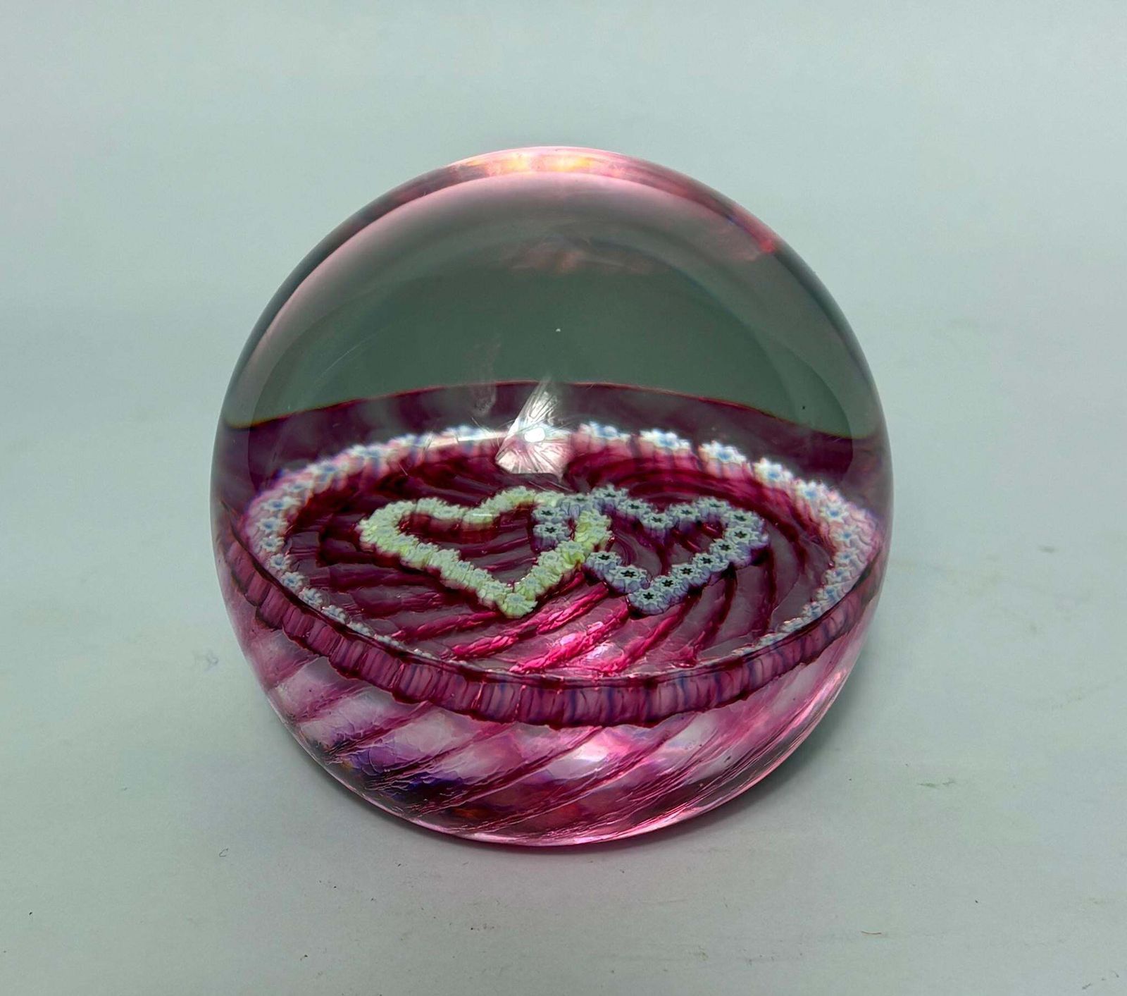 Caithness “Double Heart” Millefiori Glass Paperweight – Scottish Studio Glass, Cranberry Swirl