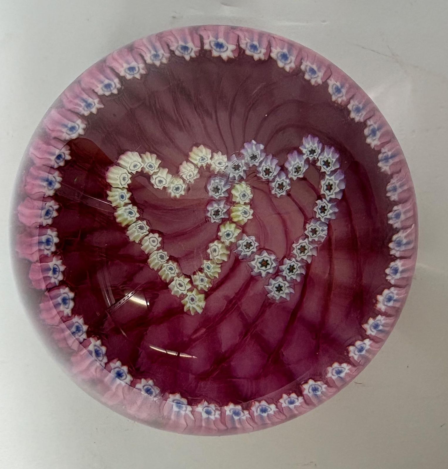 Caithness “Double Heart” Millefiori Glass Paperweight – Scottish Studio Glass, Cranberry Swirl photo for sale