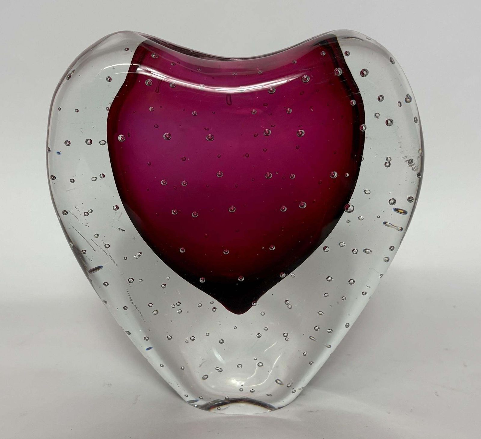 Heart Vase In Ruby Pink Cased Glass   Murano Style Bullicante – Mid Century Modern Art Glass photo 110.0