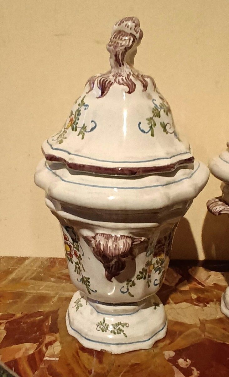 Pair Of Decorated Earthenware Vases, 18th Century, France photo vintage
