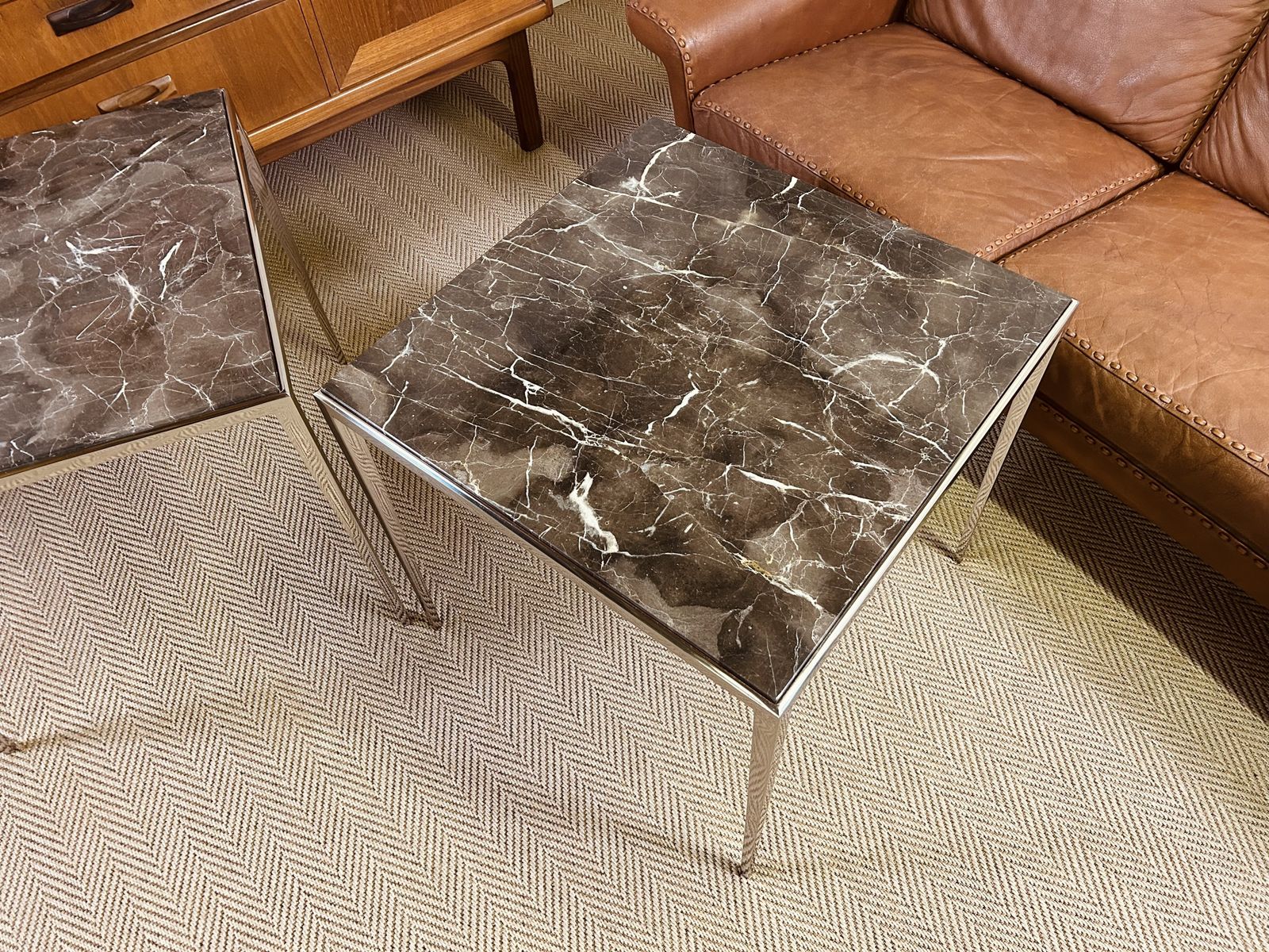 photo for sale Pair Of Luxury Eichholtz Henley Side Tables Marble Top Nickel Base