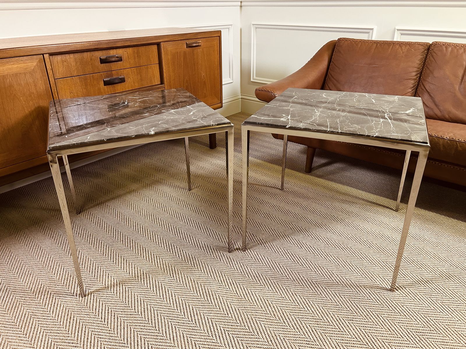 Pair Of Luxury Eichholtz Henley Side Tables Marble Top Nickel Base