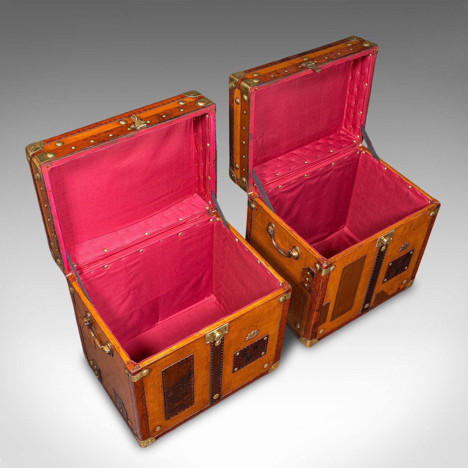 photo furniture Pair Of Late Vintage Luggage Cases, English Leather, Trunk, Nightstand, Campaign