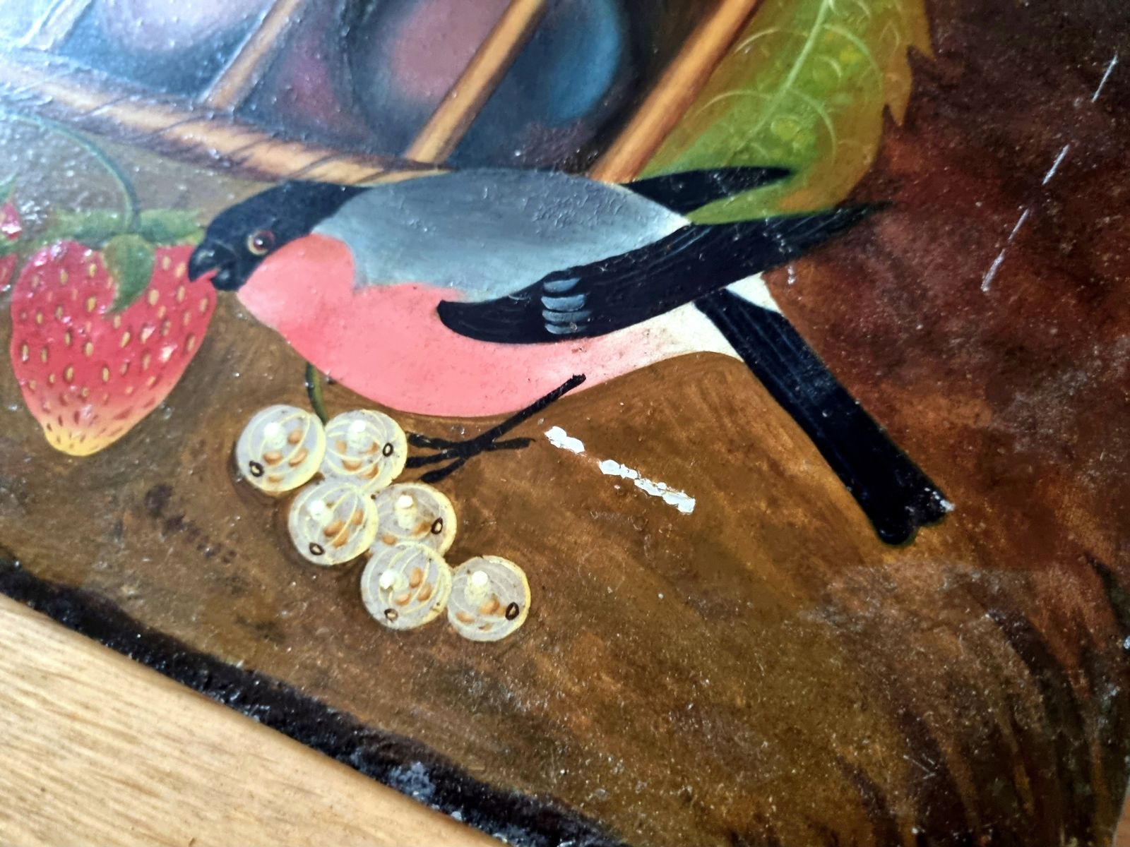 Original Still Life Painting, Bullfinch With Gooseberries, Oil On Metal Panel, Signed Early 20th Century Artwork, Rustic photo 455.0