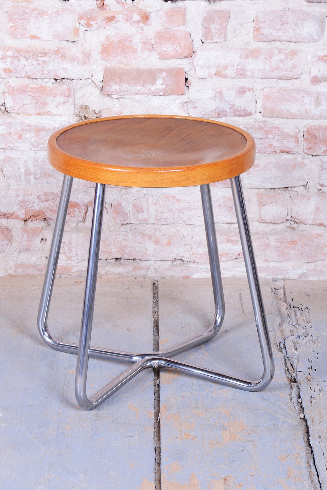 Restored Bauhaus Stool, By Mücke Melder, Beech, Chrome, Polished, Czech, 1930s photo furniture