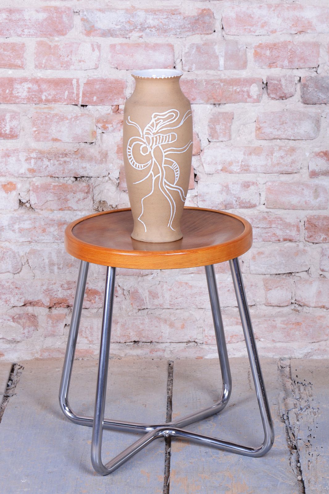 Restored Bauhaus Stool, By Mücke Melder, Beech, Chrome, Polished, Czech, 1930s photo for sale