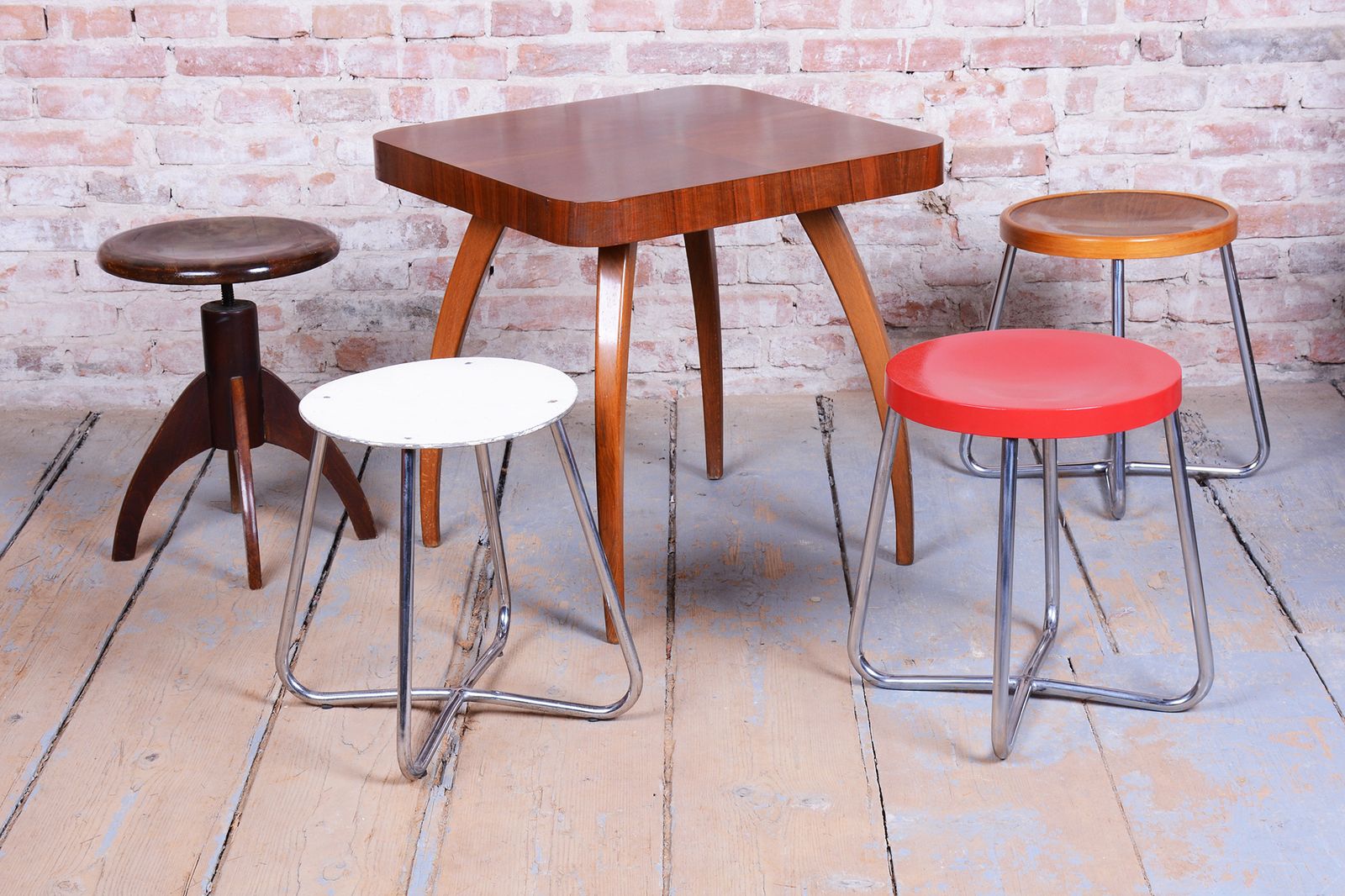 Restored Bauhaus Stool, By Mücke Melder, Beech, Chrome, Polished, Czech, 1930s photo vintage
