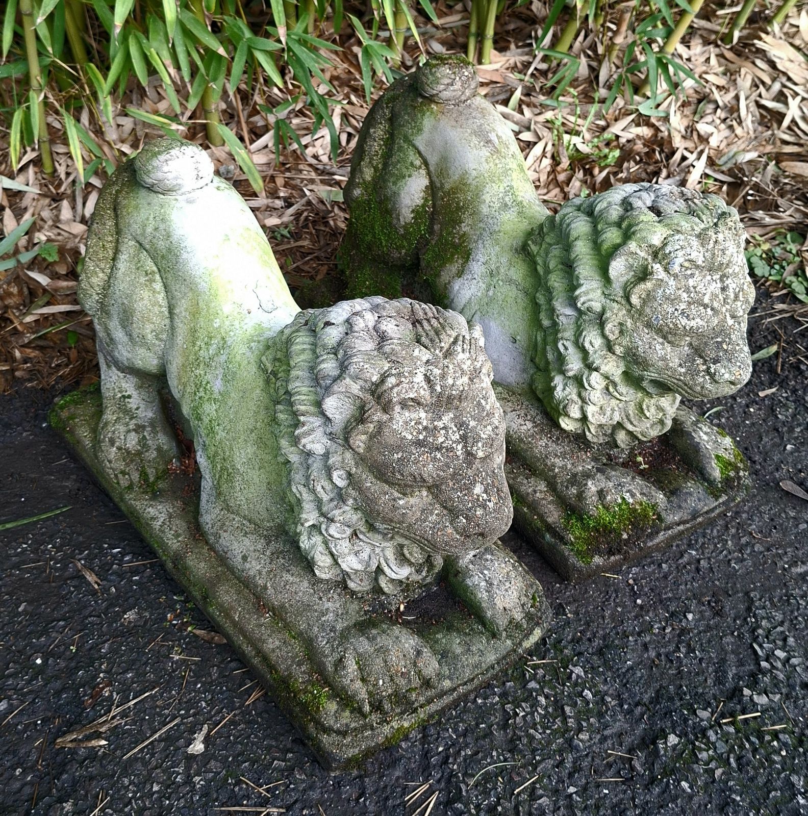 Pair Of Antique Stone Recumbent Guardian Lions photo vinterior