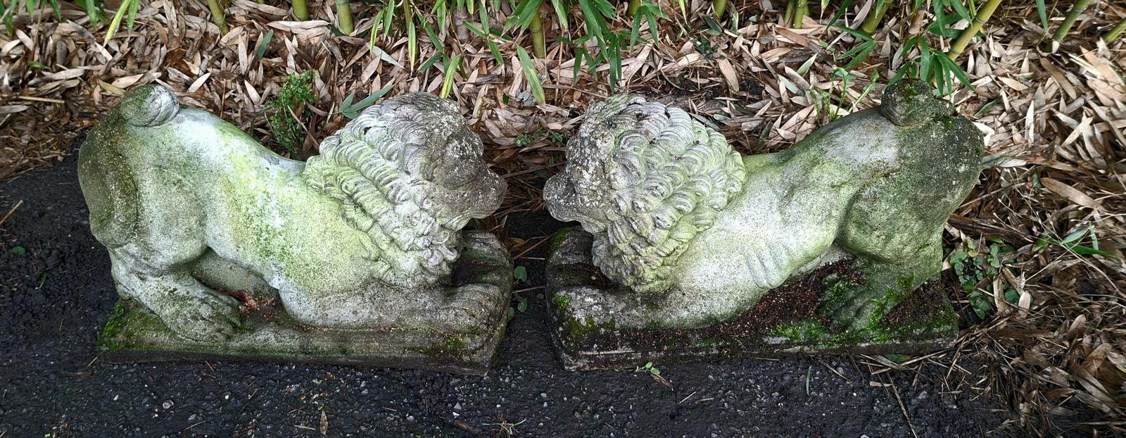 Pair Of Antique Stone Recumbent Guardian Lions photo vintage
