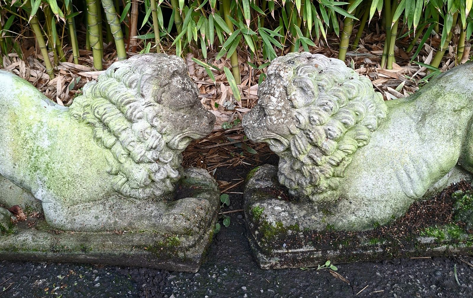 photo for sale Pair Of Antique Stone Recumbent Guardian Lions