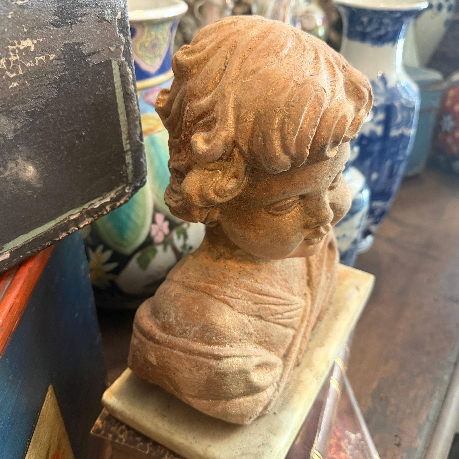 photo for sale 1930s Mixed Stone Sicilian Sculpture Of A Putto On A Marble Base