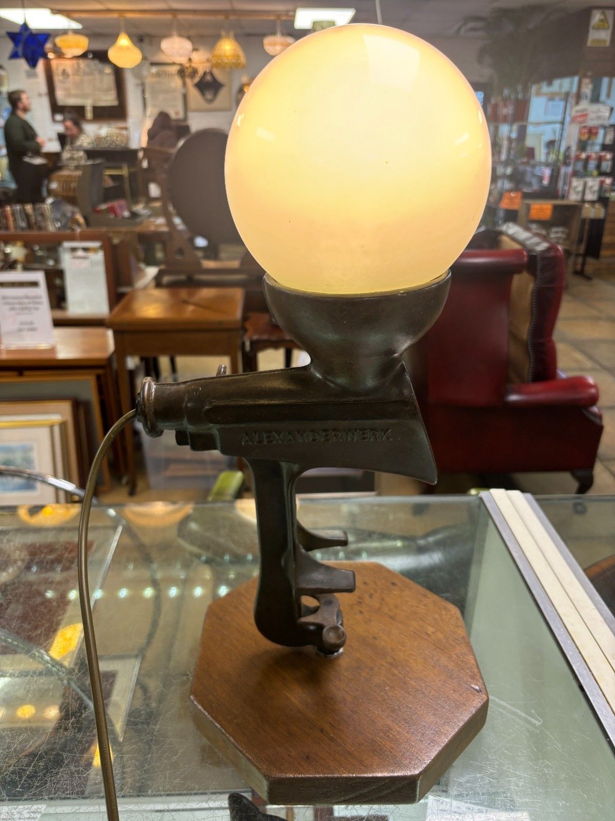 Steam Punk Cast Iron Mixer Converted Table Lamp With Milk Glass Shade photo vinterior