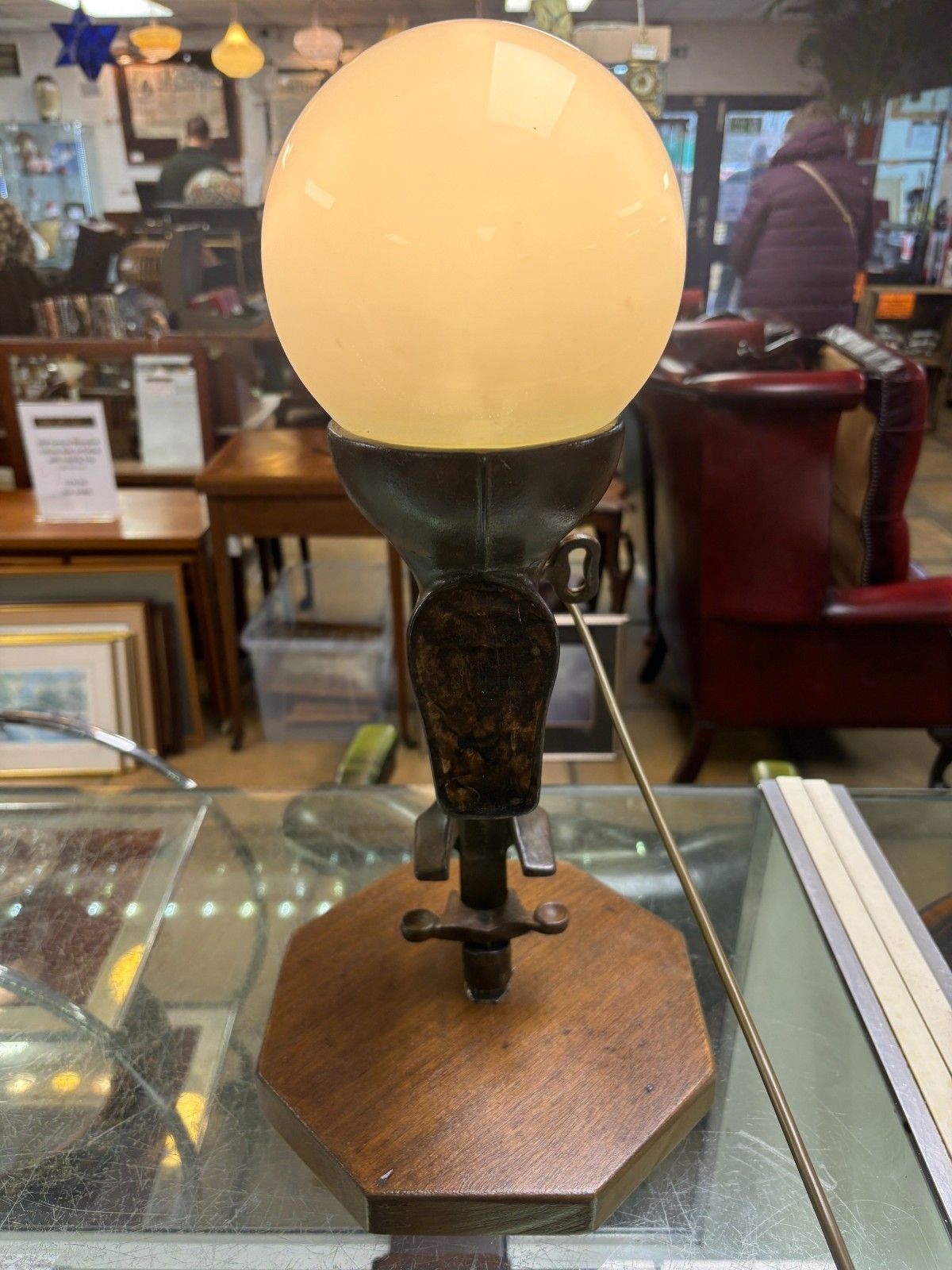photo for sale Steam Punk Cast Iron Mixer Converted Table Lamp With Milk Glass Shade