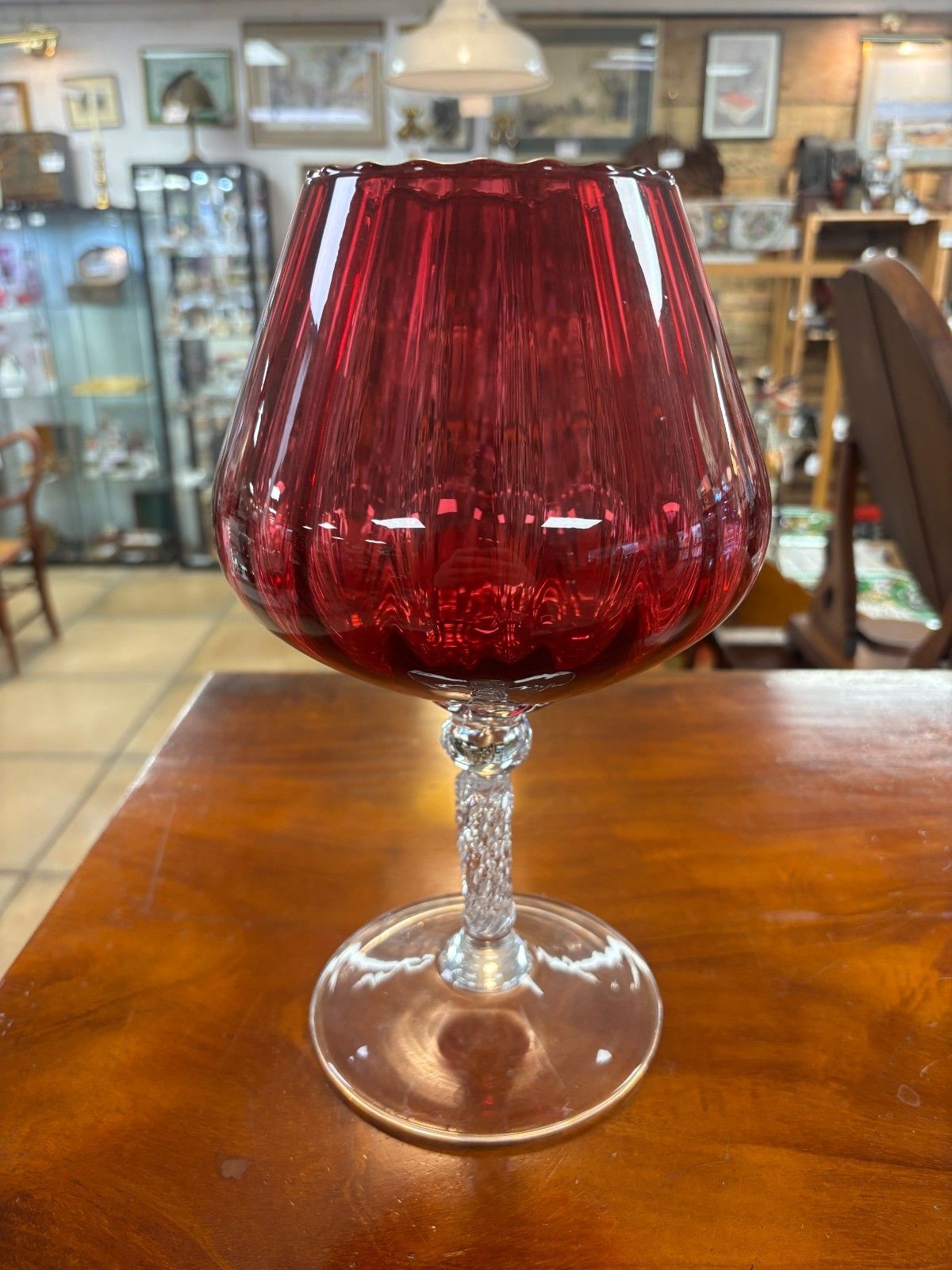 1960's Vintage Hand Blown Cranberry & Clear Glass Vase/ Pedestal Bowl photo Home Decor
