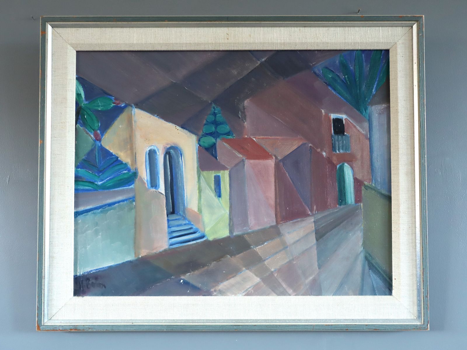 Cubist Street  Oil Painting, Mid 20th Century