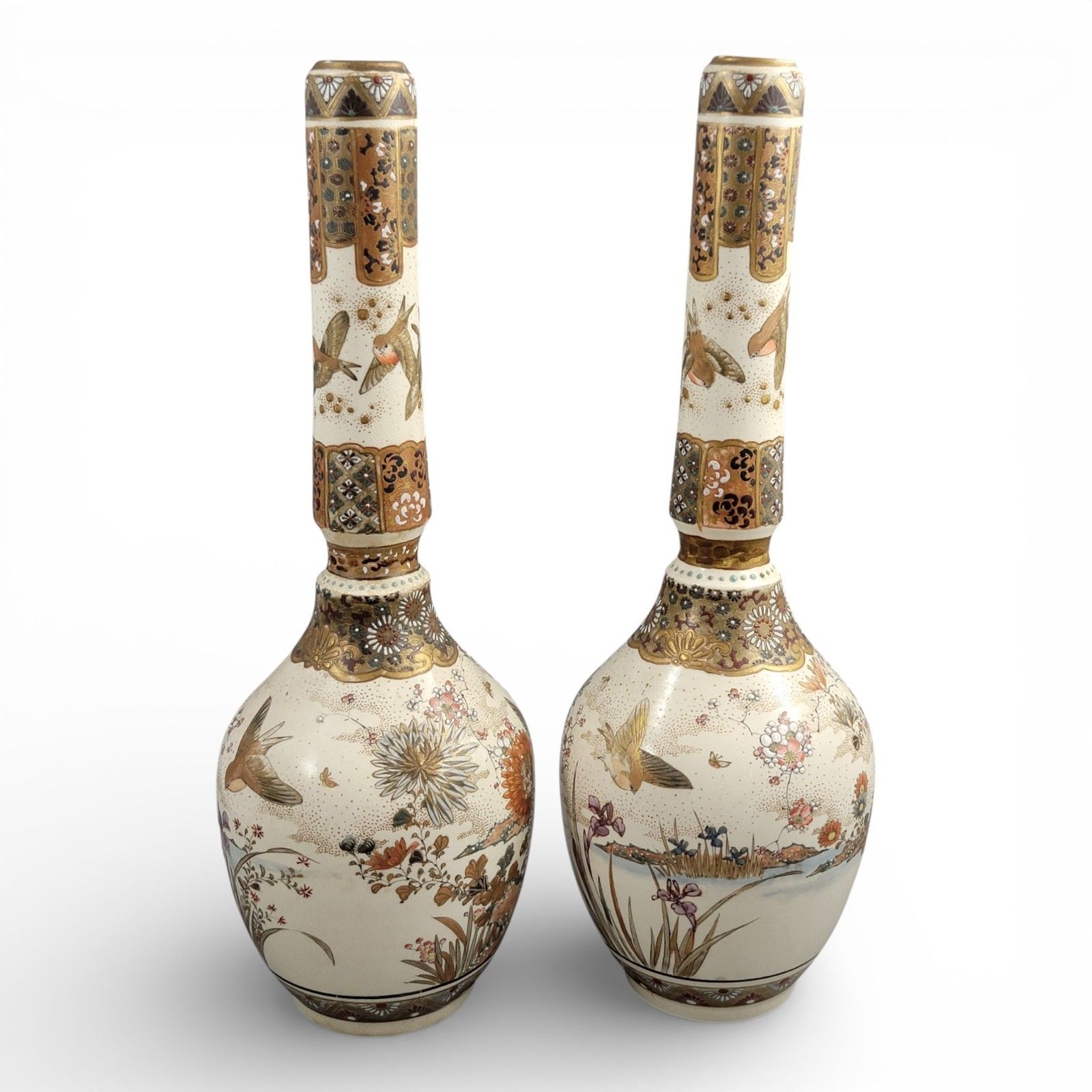 Pair Of Large Meiji Japanese Satsuma Vases, Moriage & Gold Pointillé