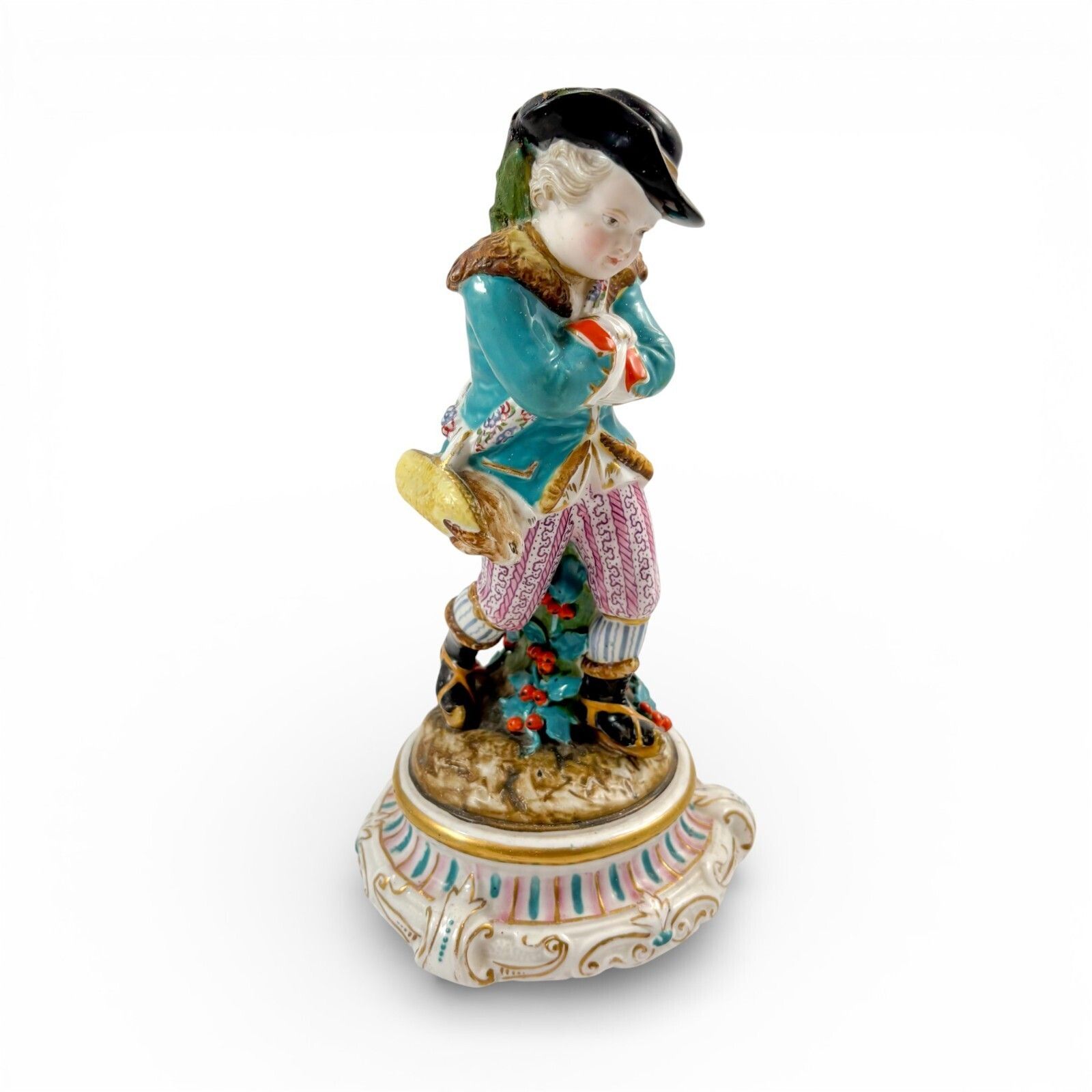 19th Century Volkstedt Porcelain Figure Boy With Flowers, Rococo Style, C. 1890