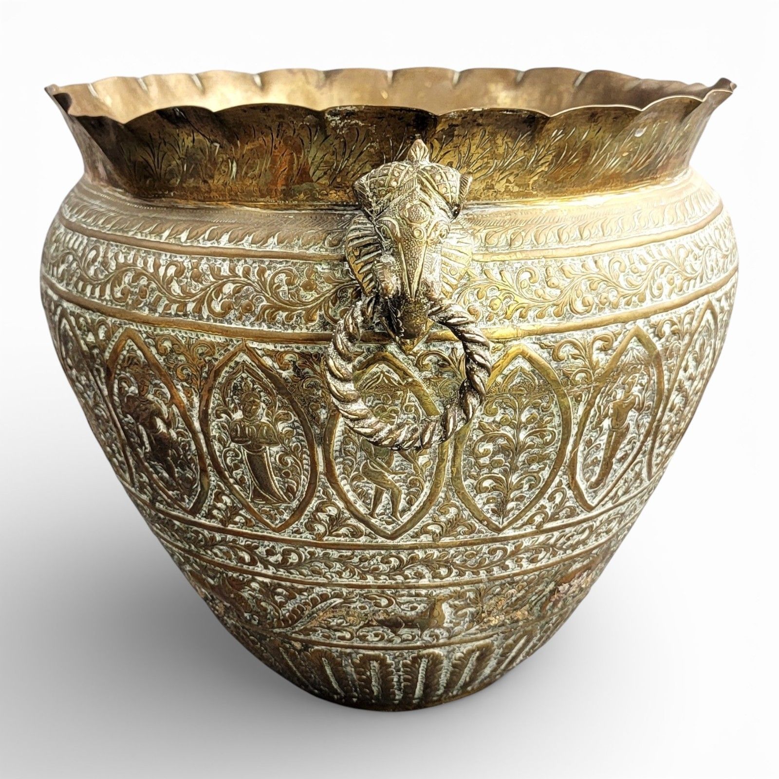 Large Indian Raj Period Hand Engraved Brass Jardinière, C. 1870–1890 photo for sale