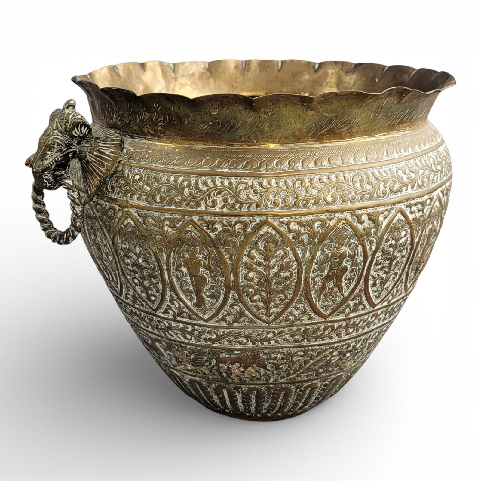 Large Indian Raj Period Hand Engraved Brass Jardinière, C. 1870–1890 photo Home Decor