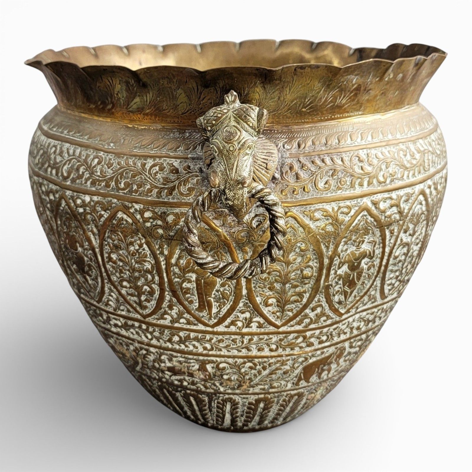 Large Indian Raj Period Hand Engraved Brass Jardinière, C. 1870–1890 photo buy