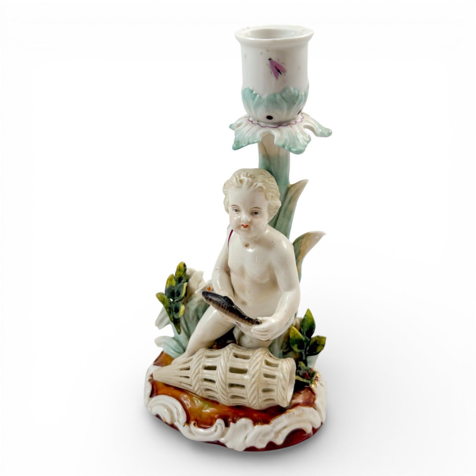 Antique 19th Century Continental Porcelain Cherub Candlestick With Floral Stem