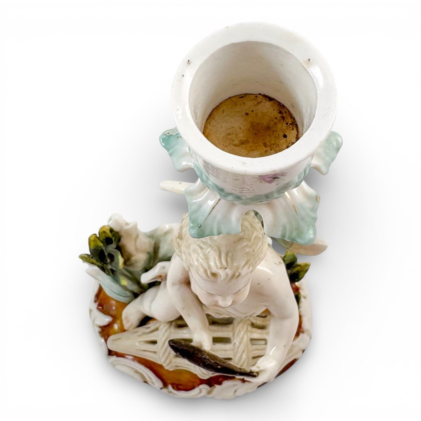 Antique 19th Century Continental Porcelain Cherub Candlestick With Floral Stem photo vinterior