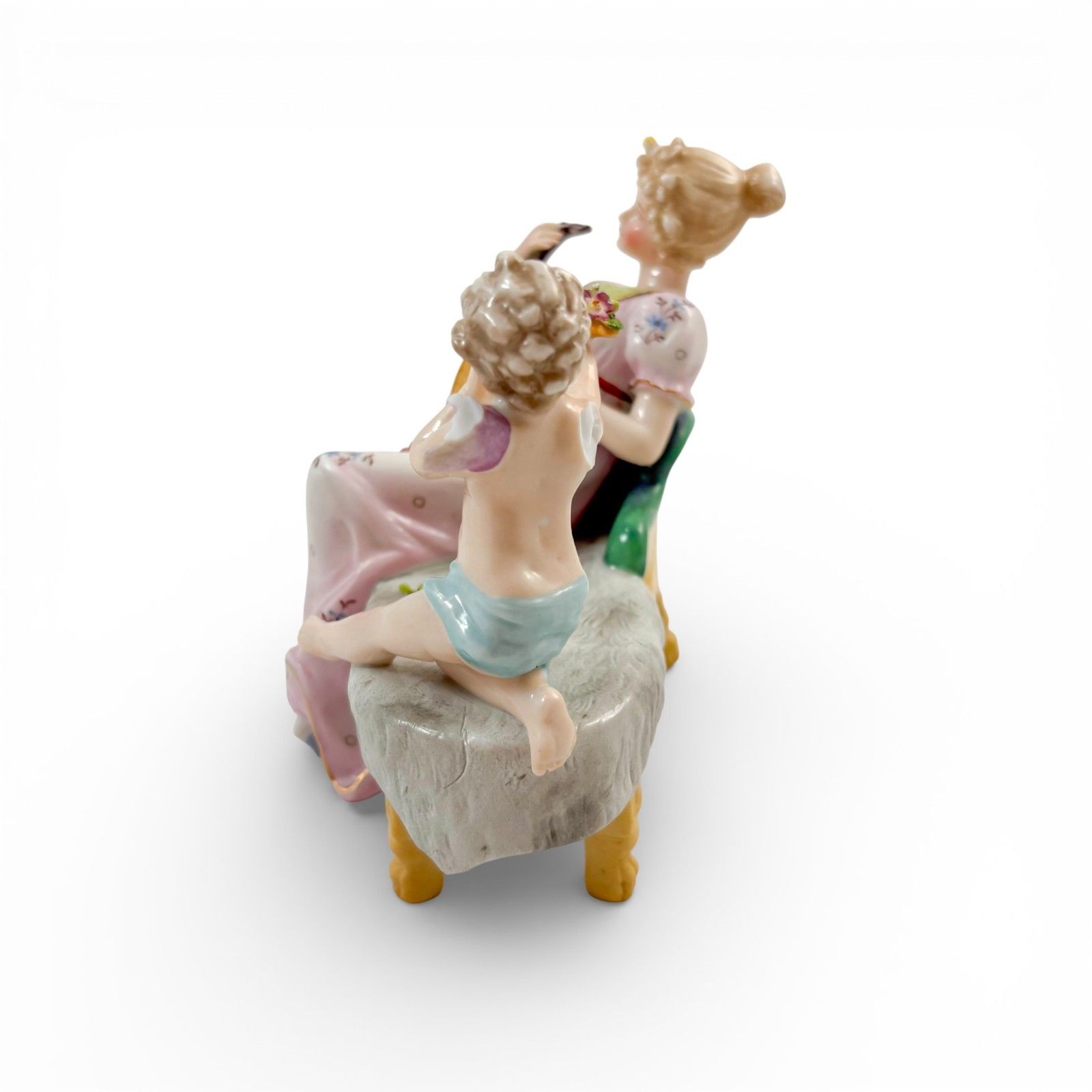 Antique Sitzendorf Porcelain Figurine Lady With Cherub And Mandolin C. 1910 photo for sale