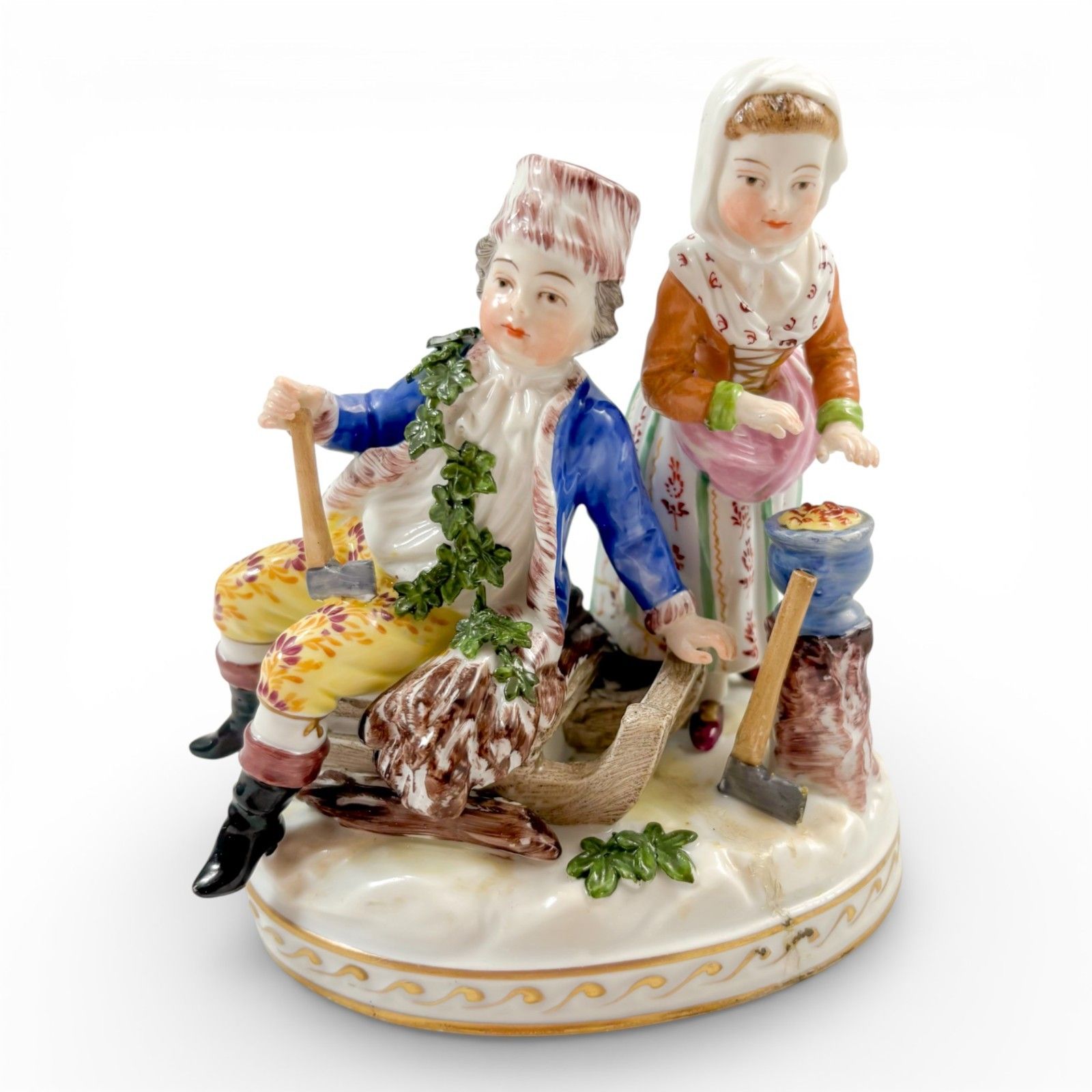 Antique Ludwigsburg Porcelain Figurine Tyrolean Couple At Work, German, C. 1890