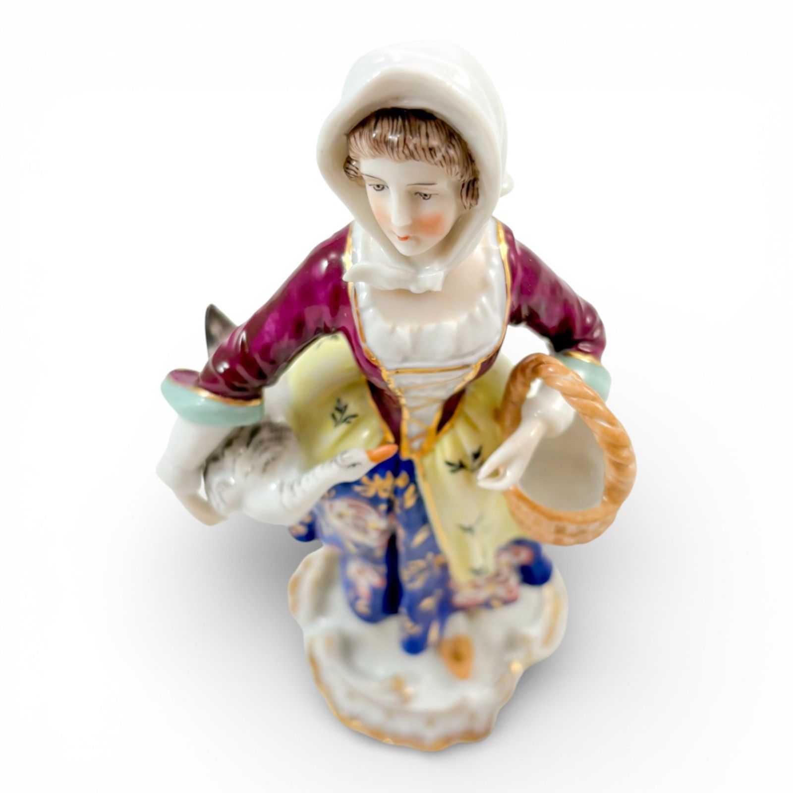 German Porcelain Country Girl Figurine With Goose, Continental, Mid 20th Century photo vinterior